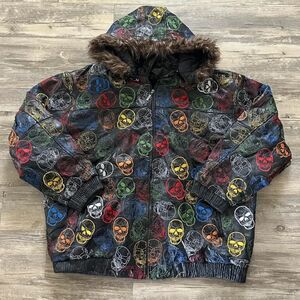 Vintage Y2K Skulls All Over Print AOP Leather Bomber Jacket W/ Fur Hood Size 6XL